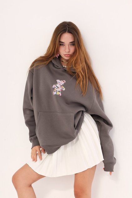 Unisex Oversize Sweatshirt Hoodie Floral Teddy Bear Printed Smoked – Hooded, Kangaroo Pocket