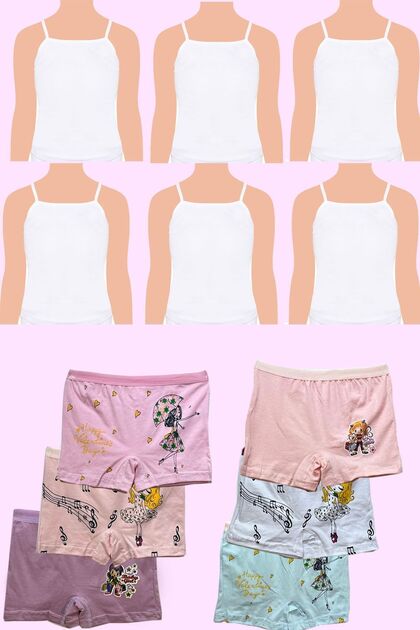 Girl's Cotton Combed Cotton Rope Strap Tank Top 6-Piece White Tank Top 6-Piece Mixed Color Boxer 12-Piece Set