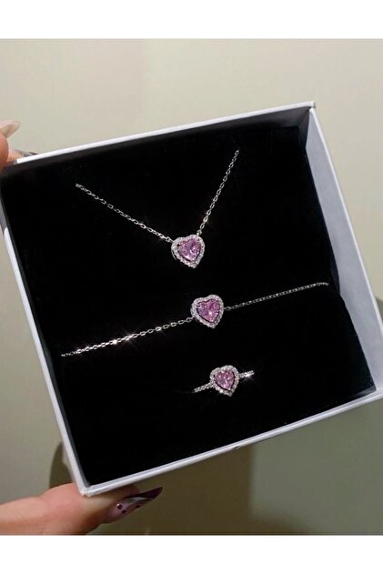 Pink Zircon Stone Heart Brand Model Necklace Bracelet Ring Set (Heart-Shaped Stone Necklace Bracelet Ring)