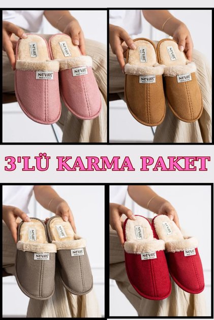 3'lü Paket Ev Terliği Çeyiz Terliği Kışlık Terlik Hafif Taban Taban Sıcak Astar