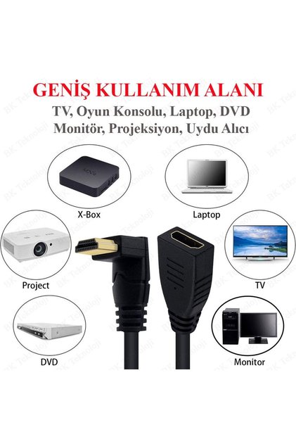 HDMI Uzatma Kablosu 90 Derece L-Tipi HDMI Erkek Dişi Adaptör Kablosu Dirsek Uzatma Kablosu HD - 50Cm