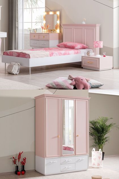 Setay Rosa Genç Odası - 3 Kapılı Dolap, Karyola, Komodin, Masa