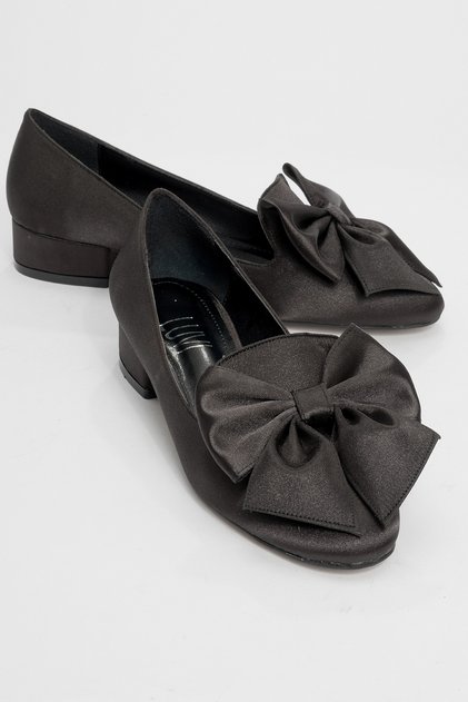 Real Black Satin Bow Women's Heeled Ballerina Shoes