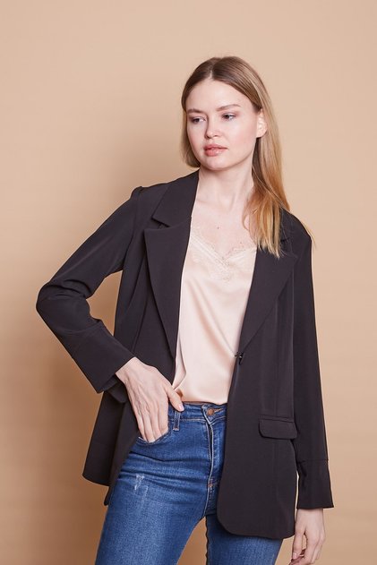 Collared Sleeve Folded Pocket Flap Casual Boyfriend Oversized Lightweight Stretch Fabric Fabric Blazer Jacket-Black