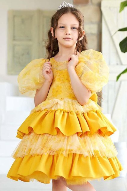 Girl's Floral Detailed Layered Ruffled Yellow Evening Dress