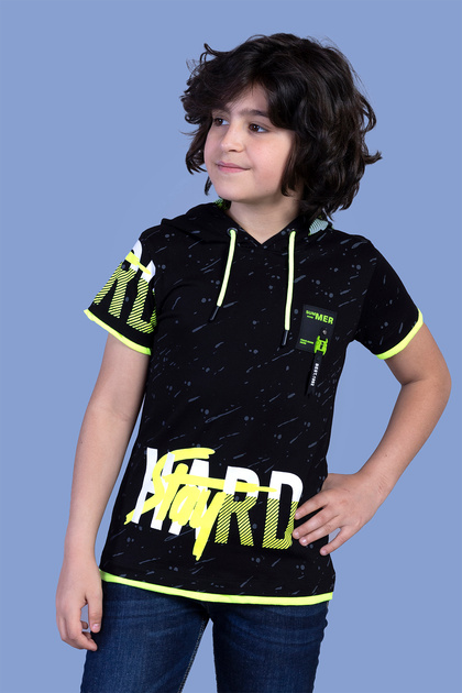 Boy's Hooded T-Shirt with Mesh Detail and Crest