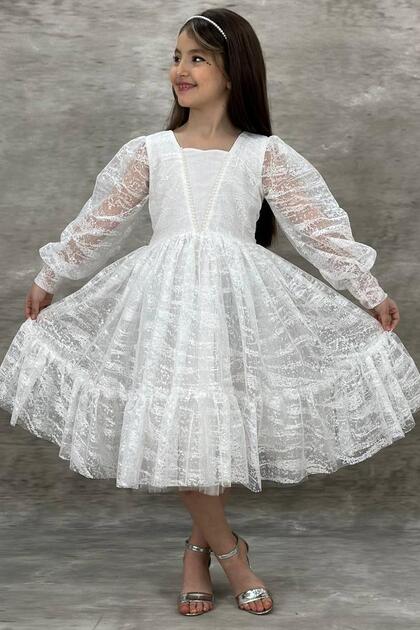 Girl's White Evening Dress with Transparent Sleeves, Pearl Beaded Neck and Ruffled Hem