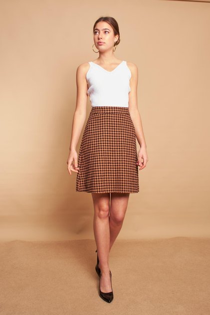 Women's Tweed Fabric High Waist A-Line Skirt-Tan Houndstooth