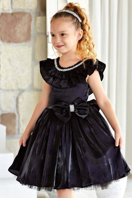 Girl's Black Evening Dress with Stone Embellishments and Ruffle Details