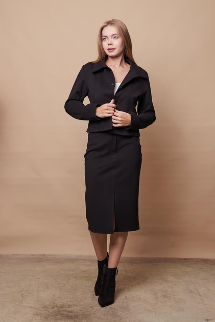 Women's Lycra Cashmere Fabric High Waist Pencil Skirt with German Pockets and Front Slit - Black