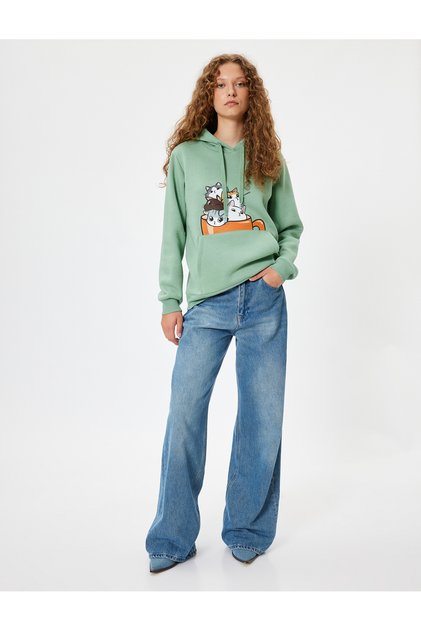 Cat Printed Hooded Raster Oversize Sweatshirt