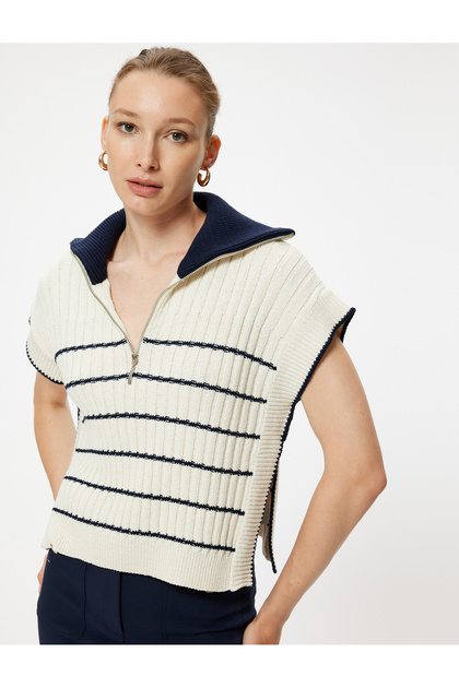 Knitwear Polo Collar Sweater with Half Zipper and Side Window Detail