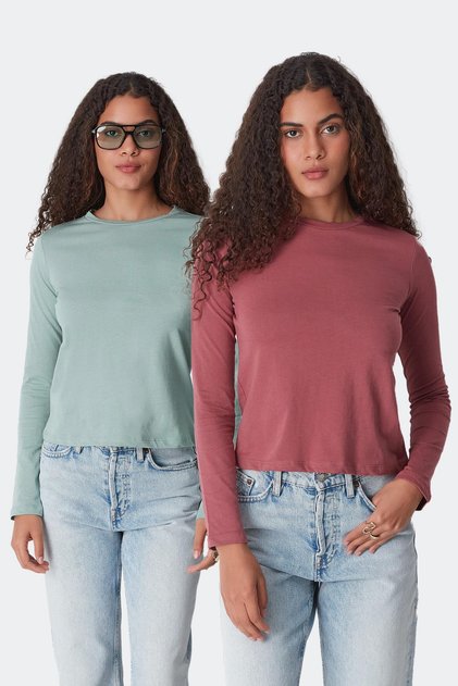 Crew Neck Long Sleeve 2-Piece Basic T-Shirt 955 Çağla/Dried Rose