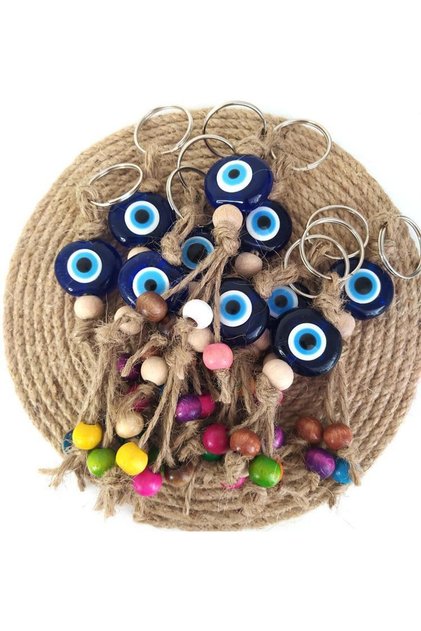Evil Eye Keychain, 20 Pieces, Evil Eye Repellent, Handmade, Woven, Colorful Wooden Beaded Eye Charm