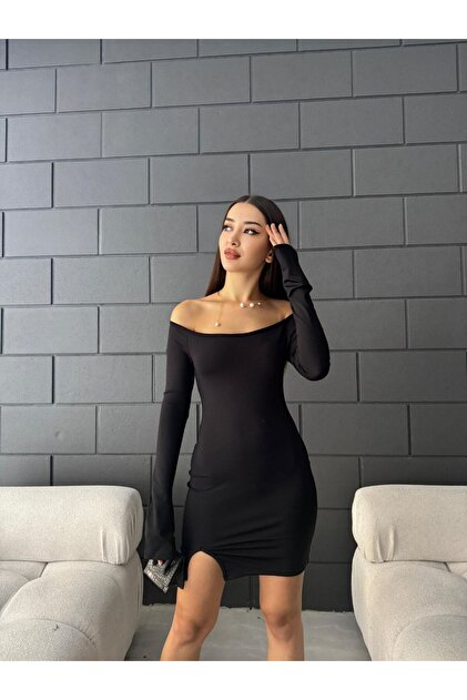 Fav Style Women's Boat Neck Slit Long Sleeve Mini Dress Black- Trendyol
