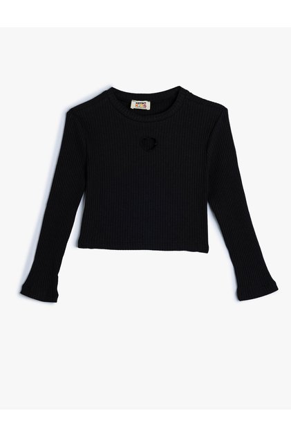 Basic Crop T-Shirt Heart Window Detail Long Sleeve Crew Neck