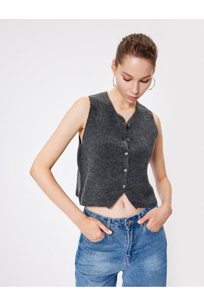 Crop Knitwear Vest Buttoned V-Neck