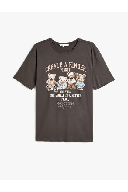 Teddy Bear Printed Oversize Cotton Short Sleeve T-Shirt - Crew Neck