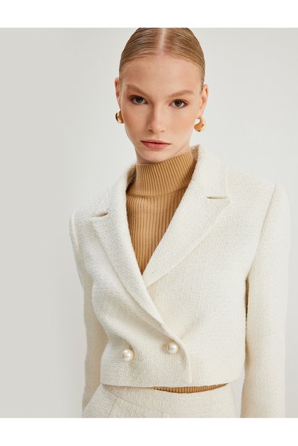 Crop Tweed Blazer Jacket Double Breasted Pearl Buttons
