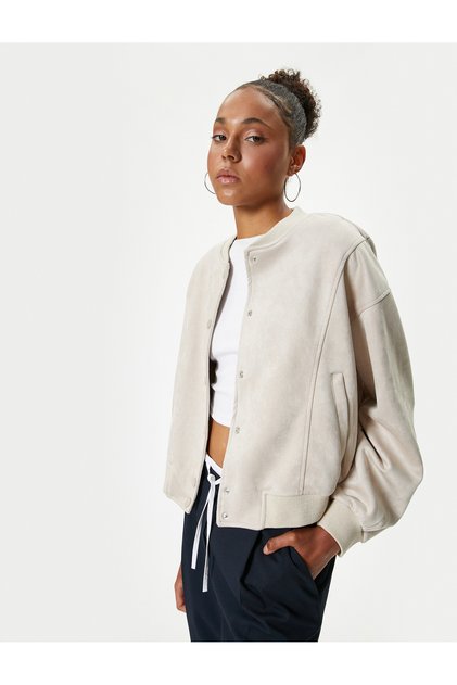 College Bomber Jacket Suede Look Snap Button Pocket Detail Ribbed