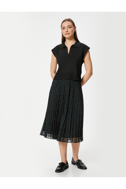 High Waist Tulle Lined Pleated Polka Dot Midi Skirt