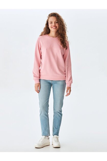 Düz Sıfır Yaka Uzun Kollu Basıc Pembe Sweatshırt
