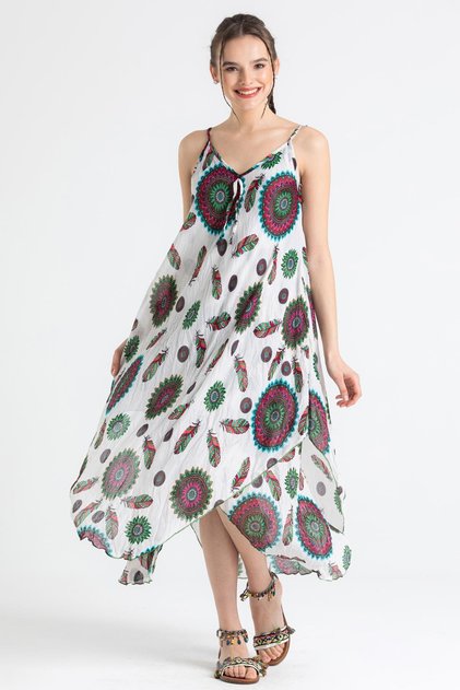 Strappy Voile Aphrodite Midi Length Summer Dress Green-White 6197