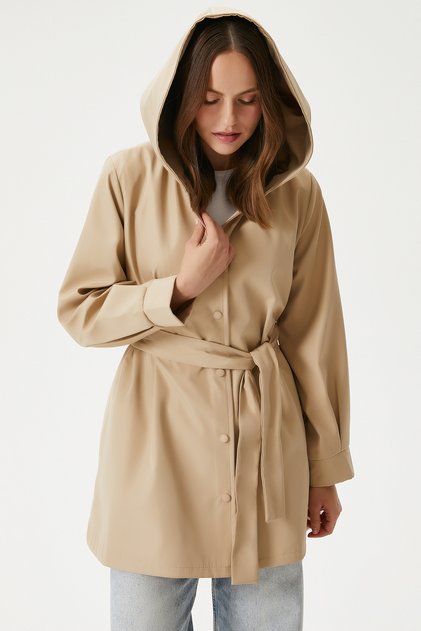Women's Trendy Hooded Beige Trench Coat