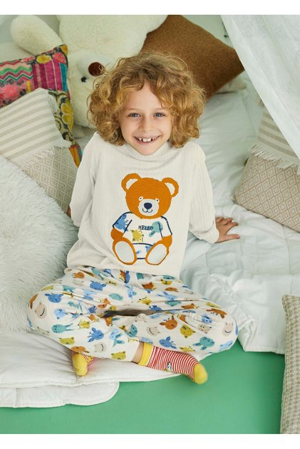 Aydoğan Kids White Teddy Bear Patterned Thermal Pajama Set – Warm and Cute Winter Set
