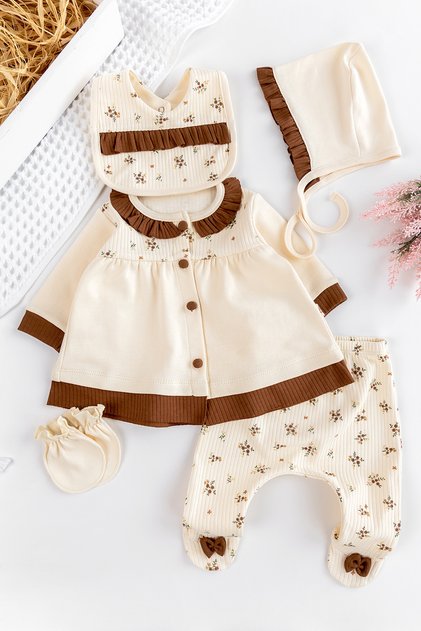 Frill Collar Front Buttoned Floral Baby Girl 5 Piece Hospital Outlet Baby Set