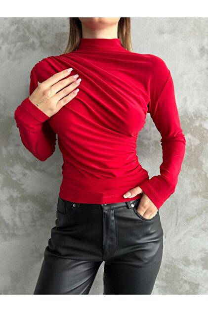 Women's Red Sandy Fabric Shoulder and Waist Drawstring Blouse