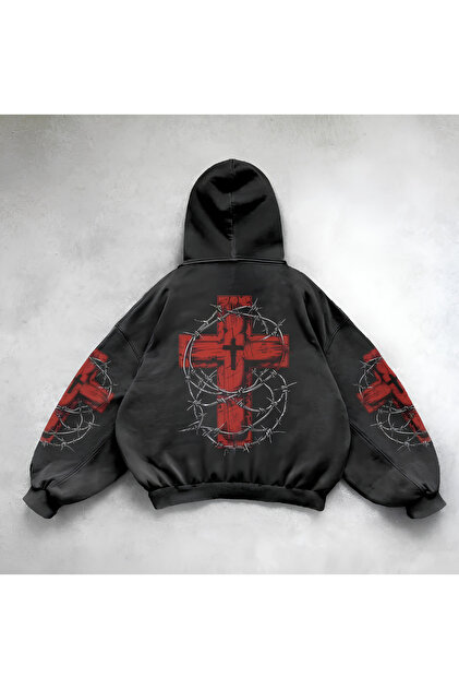 Gofeel Siyah Gothic Barbed Wire Heart Cross Kapüşonlu Sweatshirt