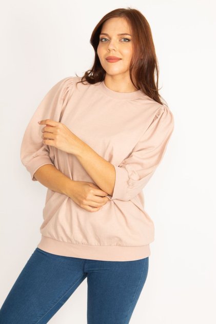 Women's Large Size Powder Shoulder Gather Detailed Capri Sleeve Sweatshirt 65n34802