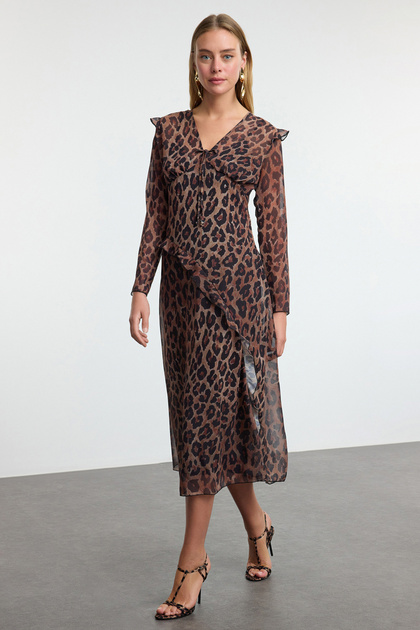 Trendyol Collection Multicolored Leopard Print Lined Chiffon Woven Midi  Evening Dress Night Graduation Dress Tpraw25El00104- Trendyol