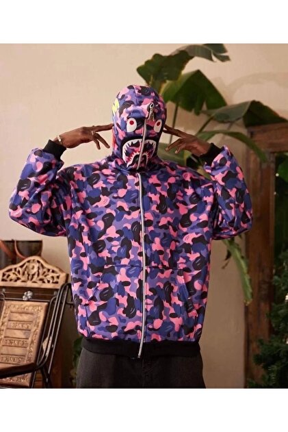 AXXAN Unisex 2 Iplik Bape Kapüşonu Fermuarlı Hırka - Mor - Fiyatı