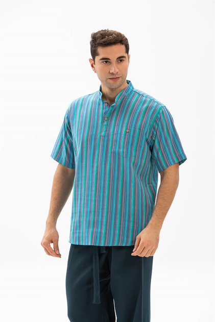 Short Sleeve Sile Cloth Single Pocket Judge Collar Men's Summer Tshirt Turquoise Striped 3071