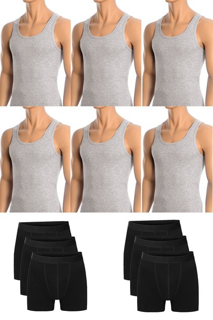 Men's Cotton 6-Piece Gray Undershirt and 6-Piece Black Boxer 12 Piece Set