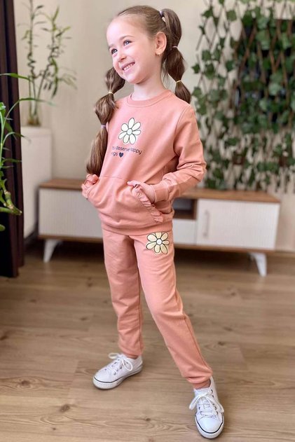 Girl's Daisy Print and Ruffle Pocket Detailed Sweat Bottoms Tracksuit Salmon Tracksuit Set