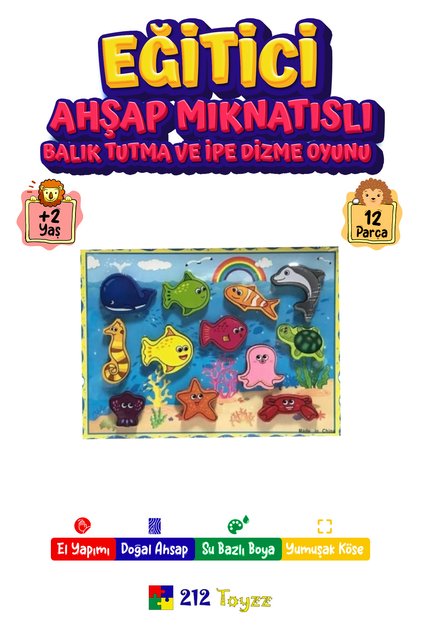 Renkli Ahşap Mıknatıslı Balık Tutma ve Ipe Dizme Eğlenceli Oyun Seti