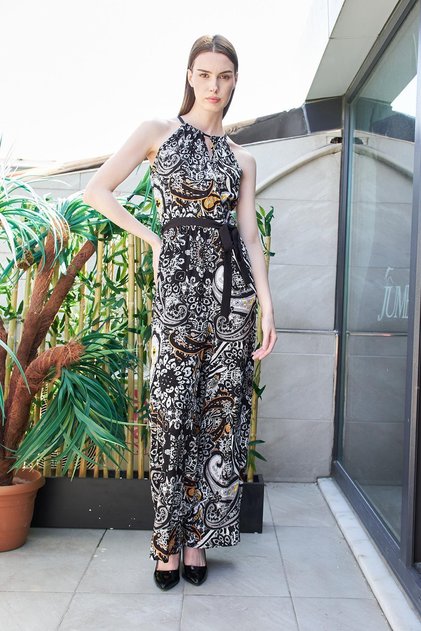 Patterned Voile Double-Breasted Wrap-Style Deep Sleeveless Lace-Up Collar Wide-Leg Jumpsuit - Shawl Pattern