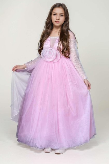 Girl's Pink Evening Dress with Sequin Embroidery on the Upper Part and Transparent Tulle Sleeves with Buckle Details.
