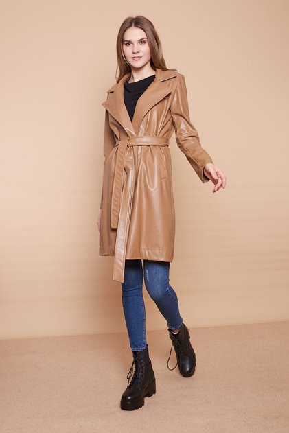 Belted Ecological Faux Leather Long Below Knee Sports Jacket Trench Coat-Dark Beige