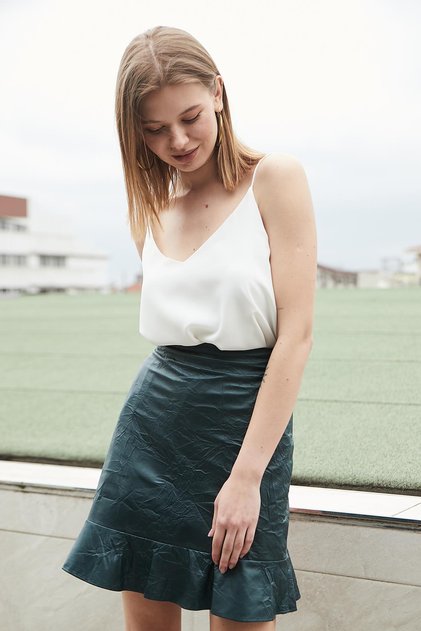 Women's Craş Leather High Waist Skirt Flounced Lined Pencil Skirt (length: 50cm +-2cm)-Emerald