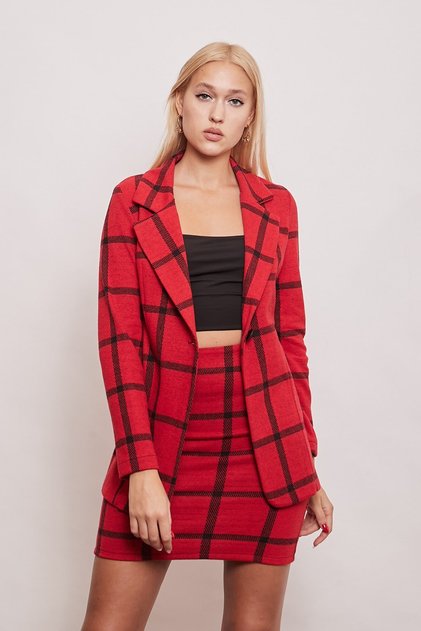 Winter Woolen Fabric High Waist Above Knee Pencil Skirt-Red Checkered