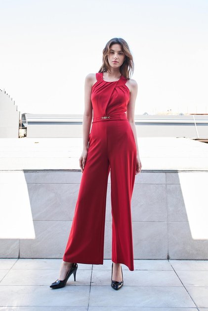 Women's Lycra Crepe Fabric Deep Sleeveless Wide Leg Stylish Jumpsuit (Detachable Belt Included)-Red