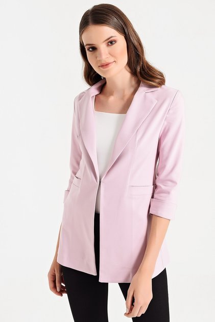 Kapri Three Quarter Sleeve Ornamental Pocketed Office Blazer Fabric Jacket - Pink