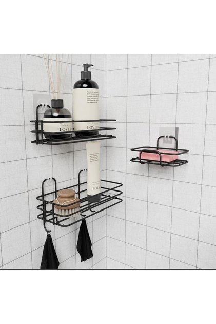 Adhesive 3-Piece Bathroom Set 2 Pieces Bathroom Shelf Shampoo Holder 1 Piece Solid Soap Holder Dish Sponge Holder