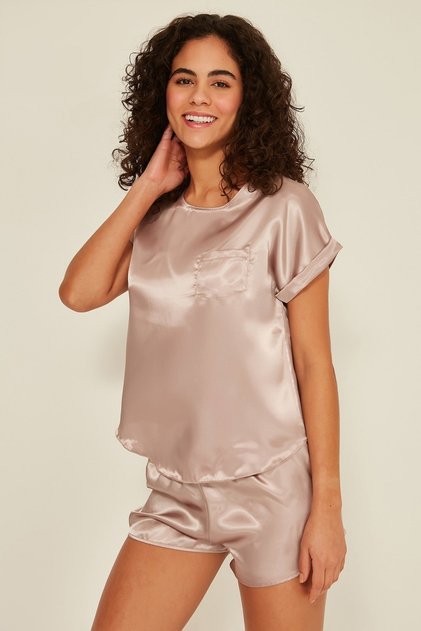 080 Women's Satin T-Shirt Shorts Set Mink