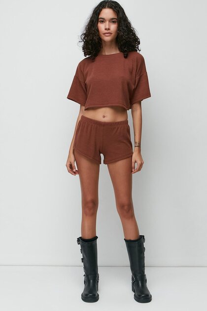 Ribbed Short Sleeve T-Shirt Shorts Set 9137 Brown