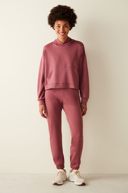 Dusty Rose Soft Textured Hooded Kangaroo Pocket Sweatshirt